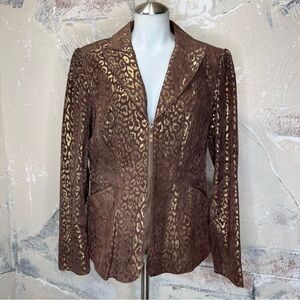 Pamela McCoy M suede leather jacket, zipper brown, gold animal print mob wife